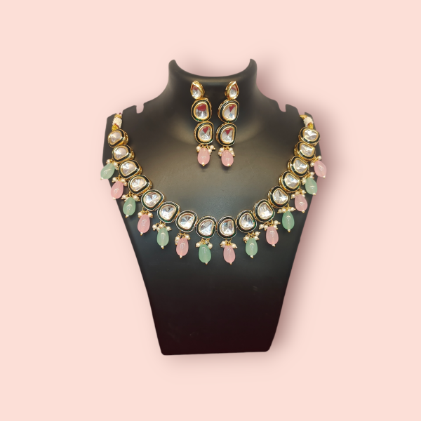 Pink Green And White Kundan Set - Image 2