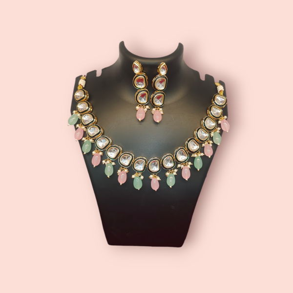 Pink Green And White Kundan Set