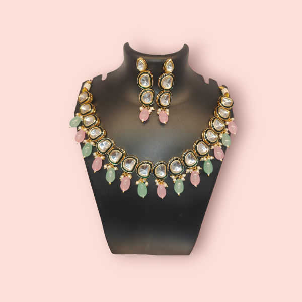 Pink Green And White Kundan Set - Image 3