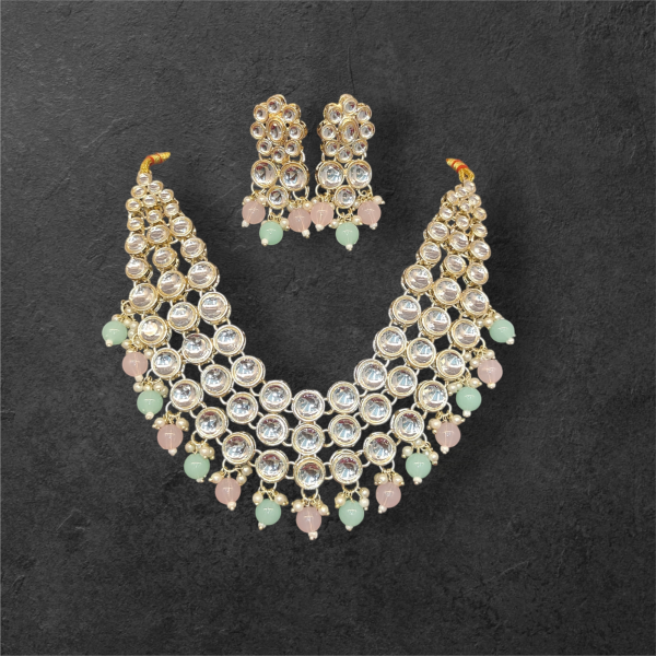 White Pink And Green Colour Kundan Set for Party Ready - Image 3